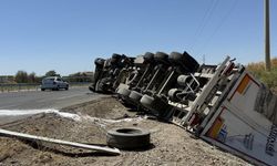 Gübre yüklü tır yol kenarına devrildi