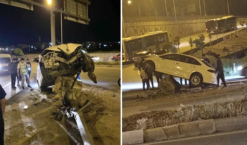 Direği devirdi, beton parçanın üzerinde asılı kaldı